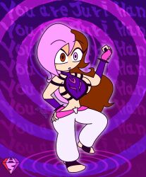  androgynous_dom aura belt bracelet capcom cosplay crossover empty_eyes english_text expressionless eyebrows_visible_through_hair eyelashes femsub fingerless_gloves heterochromia hypnoscream identity_swap juri_han large_breasts long_hair mantra midriff multicolored_hair neopolitan pants posing purple_background rwby sideboob simple_background solo street_fighter watermark wide_hips 