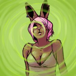 breasts bunny_girl earrings expressionless femsub furry glowing glowing_eyes jewelry large_breasts original piercing pink_hair shinydedenne short_hair sketch spiral traditional