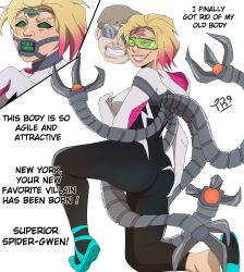 blonde_hair brown_hair clothed dialogue doctor_octopus english_text evil_smile femsub freckles glasses maledom marvel_comics otto_octavius possession short_hair simple_background spider-gwen sunglasses tech_control text traner9 white_background