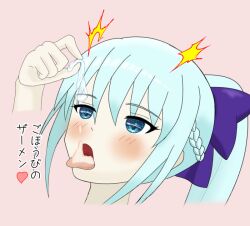  altered_common_sense blue_hair blush condom cum cum_drinking cum_in_mouth exhibitionism fate/grand_order fate_(series) female_only femsub hair_ornament hair_ribbon heart japanese_text mitsuo_kito morgan_le_fey_(fate) pink_background ponytail ribbon simple_background solo surprised symbol_in_eyes text translated 