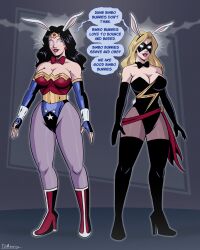 bimbofication black_hair blonde_hair breasts bunny_girl carol_danvers cleavage dc_comics dialogue earrings english_text female_only femsub gloves glowing_eyes leotard lipstick marvel_comics mask polmanning red_lipstick speech_bubble super_hero text wonder_woman