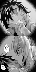  comic confused eyelashes fate/grand_order fate_(series) femdom greyscale hand_on_another&#039;s_cheek hxd malesub monochrome morgan_le_fey_(fate) ritsuka_fujimaru_(male) short_hair speech_bubble turning_the_tables witch 