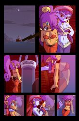  blue_eyes breasts chin_hold comic dancer earrings femdom femsub hand_on_head long_hair open_mouth pirate ponytail pstash purple_hair red_eyes risky_boots shantae shantae_(series) smile sweat tech_control text 
