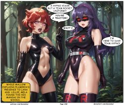  ai_art devianbar dialogue empty_eyes femsub happy_trance hex_maniac large_breasts latex long_hair mela_(pokemon) nintendo pokemon purple_hair red_hair short_hair smile team_hypno team_rocket text visor 