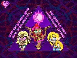  alternate_costume arms_above_head bare_shoulders blonde_hair breasts breath_of_the_wild choker cleavage dancing dark_skin earrings elf_ears english_text femdom femsub gerudo green_eyes happy_trance harem_outfit hypnoscream large_breasts link long_hair looking_at_viewer makeela_riju malesub midriff navel nintendo princess_zelda red_hair smile spiralwash_eyes story tears_of_the_kingdom text the_legend_of_zelda 