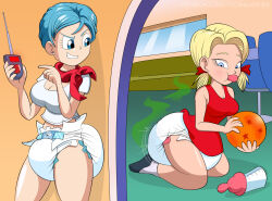  age_regression android_18 blonde_hair blue_hair bottle breasts bulma_briefs diaper dragon_ball dragon_ball_super dress femsub pacifier red_dress remote_control scat shoes socks t-shirt tech_control toonbabifier twintails 