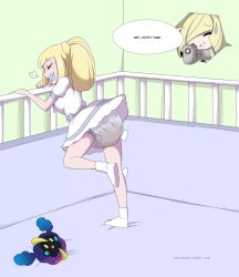 age_regression bed blonde_hair camera diaper dress femdom femsub happy_trance lillie_(pokemon) lusamine merunyaa mother_and_daughter nebby nintendo pacifier pokemon pokemon_sun_and_moon ponytail scat text