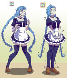  alternate_costume before_and_after blue_hair choker female_only femsub happy_trance jinx_(league_of_legends) league_of_legends long_hair maid majinsfw open_mouth pale_skin ping smile solo standing standing_at_attention tattoo thighhighs twintails 