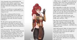 aestheticc-meme alternate_hairstyle armor blush bracers braid caption caption_only cleavage clothed femsub gloves gradient_background green_eyes happy_trance huge_breasts hypnotic_light hypnotized_assistant looking_at_viewer maledom mantra monsieurchuchote_(writer) opera_gloves ponytail pyrrha_nikos red_hair rwby signature simple_background smile tagme text unaware very_long_hair white_background
