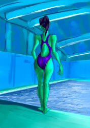  black_hair bodysuit corruption female_only femsub green_eyes green_skin mr_scade one-piece_swimsuit ponytail pool solo swimsuit transformation 