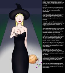 blonde_hair brown_eyes caption changer costume drool femsub halloween hat manip text witch witch_hat
