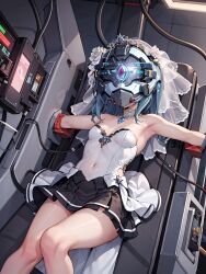  ai_art armpits blue_hair cables choker corruption female_only femsub jewelry koimin4_(generator) long_hair magical_girl monitor restrained skirt small_breasts solo stable_diffusion_(ai) tech_control veil visor wires 