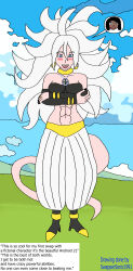  abs android_21 black_nail_polish blue_eyes blush body_swap breasts clothed crossed_arms cyrene_heartstone_(swappersonic1991) dialogue dragon_ball dragon_ball_fighterz earrings english_text female_only femdom femsub high_heels long_hair nail_polish original outdoors pink_skin swappersonic1991 tail text white_hair 