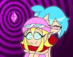 aged_up ahoge amitie blonde_hair blue_hair crystal eyebrows_visible_through_hair green_eyes happy_trance hat hug hypnoscream hypnotized_assistant large_breasts love multiple_subs open_clothes pov_dom purple_background puyo_puyo red_eyes shiny_hair shiny_skin short_hair sig smile spiral_background spiralwash_eyes sub_on_sub topless vest