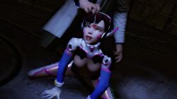 3d black_hair breasts cleavage crossover d.va erect_nipples expressionless gloves half-life kneeling long_hair overwatch pendulum pink_eyes small_breasts source_filmmaker squatting tongue tongue_out wufan870203