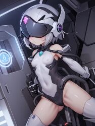  ai_art armpits bare_shoulders blush boots cameltoe corruption erect_nipples erect_nipples_under_clothes expressionless female_only femsub gloves grey_hair helmet high_heels koimin4_(generator) leotard opera_gloves restrained short_hair small_breasts solo spread_legs stable_diffusion_(ai) tech_control thigh_boots thighhighs 