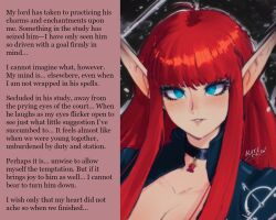 aware blue_eyes caption caption_only choker crossed_eyes eiselin_burchelli_meijal_hulkenberg elf elf_ears femsub hatidraw hime_cut knight maledom metaphor:refantazio monsieurchuchote_(writer) red_hair text