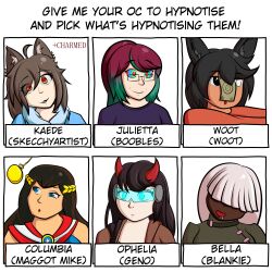  bella_(masterblankie) charm_(spell) clothed columbia_(maggotmike) drool edgeofthemoon english_text femsub glasses heart_eyes horns hypnotic_magic julietta_(boobles) kaa_eyes kaede_(skecchyartist) magic malesub multiple_girls multiple_methods_of_hypnosis multiple_subs open_mouth ophelia_(geno) original pendulum pocket_watch super_hero symbol_in_eyes talisman tech_control text visor woot_(woot) 