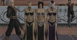 3d bikini black_hair blonde_hair breasts cleavage empty_eyes expressionless femsub harem_outfit kano kitana large_breasts maledom mortal_kombat multicolored_hair multiple_girls shang_tsung sindel sonya_blade standing standing_at_attention tongue tongue_out vg-mc white_hair