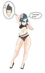  arms_above_head bare_legs bikini bikini_bottom bikini_top blue_eyes blue_hair breast_fondling breasts byleth_eisner character_request cleavage dialogue english_text femsub fire_emblem fire_emblem_heroes fire_emblem_three_houses flower flower_in_hair grey_hair high_heels knife legs long_hair maledom midriff navel nintendo orange_eyes possession short_hair simple_background speech_bubble swimsuit text thick_thighs thighs watermark weapon white_background zombiebasher64 