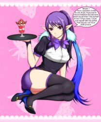  breasts elf_ears empty_eyes female_only femsub happy_trance high_heels icontrol_(manipper) judith_(tales) large_breasts long_hair manip ponytail purple_eyes purple_hair purrin sitting skirt smile solo tales_of_(series) tales_of_vesperia text thighhighs tray waitress 