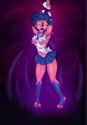 armpit_hair armpits arms_above_head blue_hair bondage choker corruption demon_girl discolored_nipples earrings elf_ears jewelry monster_girl non-human_feet open_mouth red_skin rick404 sailor_mercury sailor_moon_(series) short_hair solo tentacles tongue tongue_out torn_clothes transformation