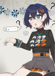  absurdres belle_(zenless_zone_zero) blue_hair breasts clothed confused drool femsub hai_(hahaha123478965) japanese_text open_mouth pendulum short_hair solo speech_bubble spiral spiralwash_eyes symbol symbol_in_eyes text translation_request zenless_zone_zero 