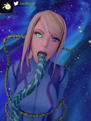  3d all_the_way_through animated blonde_hair bodysuit brain_injection breasts clothed female_only femsub force_feeding justfry3d kaa_eyes large_breasts long_hair metroid_(series) nintendo open_mouth ponytail samus_aran sound tentacle_in_mouth tentacles video zero_suit 