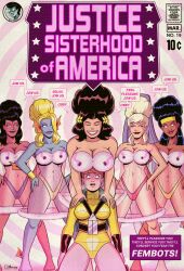  barefoot black_hair blonde_hair blue_lipstick blue_skin blueshift_(polmanning) breasts cleavage columbia_(maggotmike) comic dark_skin dialogue english_text female_only fembot_(austin_powers) femsub fish_girl gun leotard lingerie mach_turtle_(maggot_mike) mask mermaiden_(maggot_mike) midriff multiple_girls multiple_subs original platinum_blonde_hair polmanning ponytail red_hair red_lipstick robot robot_girl robotization she-devil_(maggot_mike) short_hair signature simple_background smile speech_bubble stepfordization super_hero text whitewash_eyes winged_woman_(maggot_mike) 