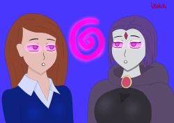  absurdres ben_10 brown_hair clothed dc_comics empty_eyes expressionless female_only femsub glowing glowing_eyes grey_skin gwen_tennyson long_hair open_mouth purple_hair raven short_hair simple_background spiral super_hero teen_titans usakiki 