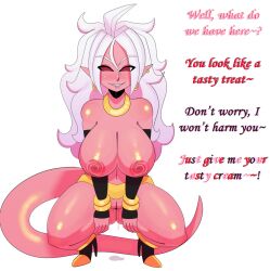  alternate_form android_21 blush bottomless breasts dragon_ball dragon_ball_fighterz drool female_only femdom glowing glowing_eyes high_heels huge_breasts hypnotic_breasts hypnotic_eyes large_breasts long_hair looking_at_viewer manip monster_girl nude pink_skin polarisbow_(manipper) pov pov_sub pussy pussy_juice smile solo somescrub spiral spiral_eyes symbol_in_eyes tail text thighs topless white_hair 