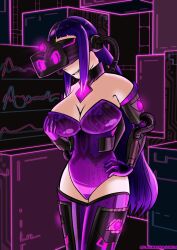 bare_shoulders boots breast_grab breasts cleavage collar corruption drone female_only femsub gloves glowing happy_trance large_breasts leotard long_hair monitor opera_gloves original plasma-dragon purple_hair signature smile solo standing straight-cut_bangs tech_control thigh_boots thighhighs visor