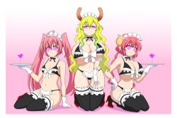 absurdres bikini blonde_hair bow dragon_girl female_only femsub gloves happy_trance high_heels horns huge_breasts iruru_(miss_kobayashi&#039;s_dragon_maid) jimryu kneeling maid milim_nava miss_kobayashi&#039;s_dragon_maid multiple_girls multiple_subs navel petite pink_hair quetzalcoatl_(maidragon) simple_background small_breasts smile spiral_eyes symbol_in_eyes that_time_i_got_reincarnated_as_a_slime thighhighs twintails very_long_hair