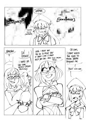 artoria_caster_(fate) artoria_pendragon blush border censored cleavage clinickcase closed_eyes comic consensual corruption dialogue embarrassed english_text eyebrows_visible_through_hair fate/grand_order fate_(series) femdom femsub glasses greyscale hat jacques_de_molay_(foreigner) monochrome preview short_hair simple_background smile speech_bubble surprised text twintails very_long_hair white_background