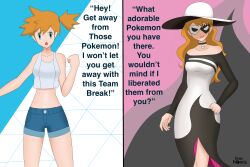 absurdres before_and_after blue_eyes collar corruption dress female_only femsub hat jean_shorts long_hair mask misty navel nintendo open_mouth orange_hair pokemon pokemon_masters short_hair signature simple_background smile standing syas-nomis team_break text