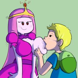 adventure_time artist_request blonde_hair bottomless breast_sucking breasts crown femsub finn_the_human happy_trance hypnotic_accessory jewelry large_breasts maledom microchip pink_hair princess_bubblegum red_eyes smile source_request topless