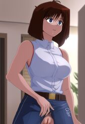  ai_art blue_eyes brown_hair drool empty_eyes femsub jeans large_breasts open_mouth pussy qiller short_hair tea_gardner torn_clothes yu-gi-oh! 