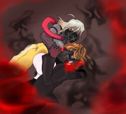  black_eyes blonde_hair clothed faetomi female_only femdom femsub gas_mask gloves hypnotic_smell multiple_girls orange_hair original red_eyes red_hair scars short_hair 