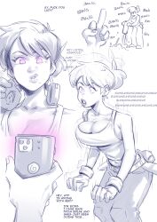  bare_shoulders belt clothed collarbone dialogue drool english_text femsub gloves glowing_eyes gmun headphones human_furniture humiliation humor hypnotic_screen large_breasts middle_finger mole navel original pants phone simple_background tagme tank_top tech_control text white_background 