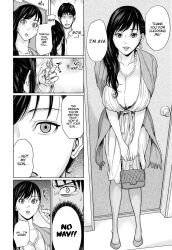  absurdres accidental_hypnosis ayaka_seta before_and_after breasts cleavage comic delimama dialogue earrings empty_eyes expressionless femsub greyscale hard_translated huge_breasts long_hair maimu-maimu maledom milf mole mother_and_son necklace prostitution short_hair skirt spray text translated 
