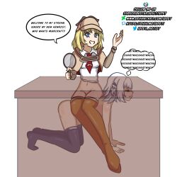 all_fours amelia_watson blonde_hair bottomless dialogue expressionless femdom femsub gawr_gura hat hololive hololive_english human_furniture humor idpet nude parody short_hair socks text thighhighs topless virtual_youtuber