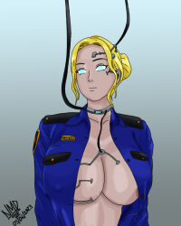  absurdres blonde_hair blue_eyes breasts cables cleavage collar collarbone earpiece erect_nipples erect_nipples_under_clothes exposed_chest female_only femsub glowing_eyes gradient_background huge_breasts indifferent navel no_bra nominddetected officer_carter open_clothes open_shirt original police_uniform policewoman robot robotization short_hair simple_background solo tech_control tomboy unaware watermark wires 
