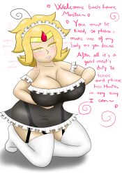  absurdres ahoge blonde_hair breasts circlet cleavage collarbone dialogue female_only femsub freckles garter_straps heart holding_breasts kneeling lipstick long_hair maid maid_headdress makeup maledom onorgasmic original pink_lipstick see-through simple_background smile solo spiral spiral_eyes sunny_breeze_(onorgasmic) symbol_in_eyes text thighhighs thighs transparent_background yellow_eyes 