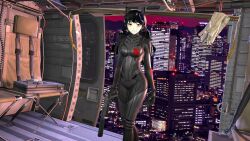 3d absurdres animal_ears bangs black_hair blake_belladonna bodysuit breasts clothed corruption female_only gloves gun long_hair robotization rwby small_breasts tech_control tepmarmy tight_clothing weapon yellow_eyes