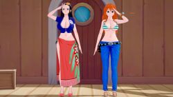  3d bikini_top black_hair blue_eyes brown_eyes clothed cover empty_eyes expressionless female_only femsub jeans long_hair multiple_girls multiple_subs nami_(one_piece) nico_robin one_piece orange_hair saluting sugurii 