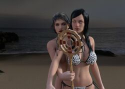 3d black_hair bottomless breasts elena_(playmaker) female_only femdom femsub gina_(playmakersama) large_breasts long_hair open_mouth original playmakersama short_hair standing topless white_eyes