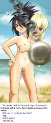 black_hair blonde_hair bottomless breasts colette_brunel deathwish_(manipper) empty_eyes femsub humor maledom manip nude pendulum pocket_watch pubic_hair pussy resisting sheena_fujibayashi tales_of_(series) tales_of_symphonia tan_lines text topless