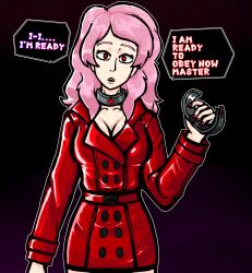  black_background black_clover cleavage_cutout coat collar collarbone dialogue expressionless femsub glowing_eyes gradient_background hypnotic_accessory jacket long_hair mamacossauro nail_polish open_mouth pink_hair red_eyes simple_background speech_bubble tech_control text vanessa_enoteca 