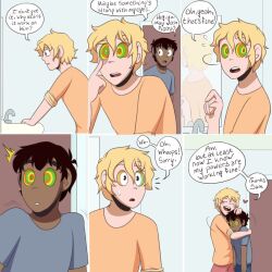 accidental_hypnosis before_and_after black_hair blonde_hair comic dark_skin dialogue firenze_(somnefarious) humor hypnotic_eyes instant_loss kaa_eyes male_only maledom malesub original sam_(somnefarious) somnefarious text 