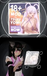  advertisement bangs bare_shoulders bikini black_hair blush cat_ears clothed cosmic_princess_kaguya english_text eyebrows_visible_through_hair fake_animal_ears femboy frills hair_ornament horns huge_breasts long_hair looking_at_viewer micro_bikini microfabrics nail_polish navel nipples noi_komazawa open_mouth pink_eyes purple_eyes shiny_skin spit_trail standing text tongue tongue_out twintails very_long_hair virtual_reality white_hair yachiyo_runami 
